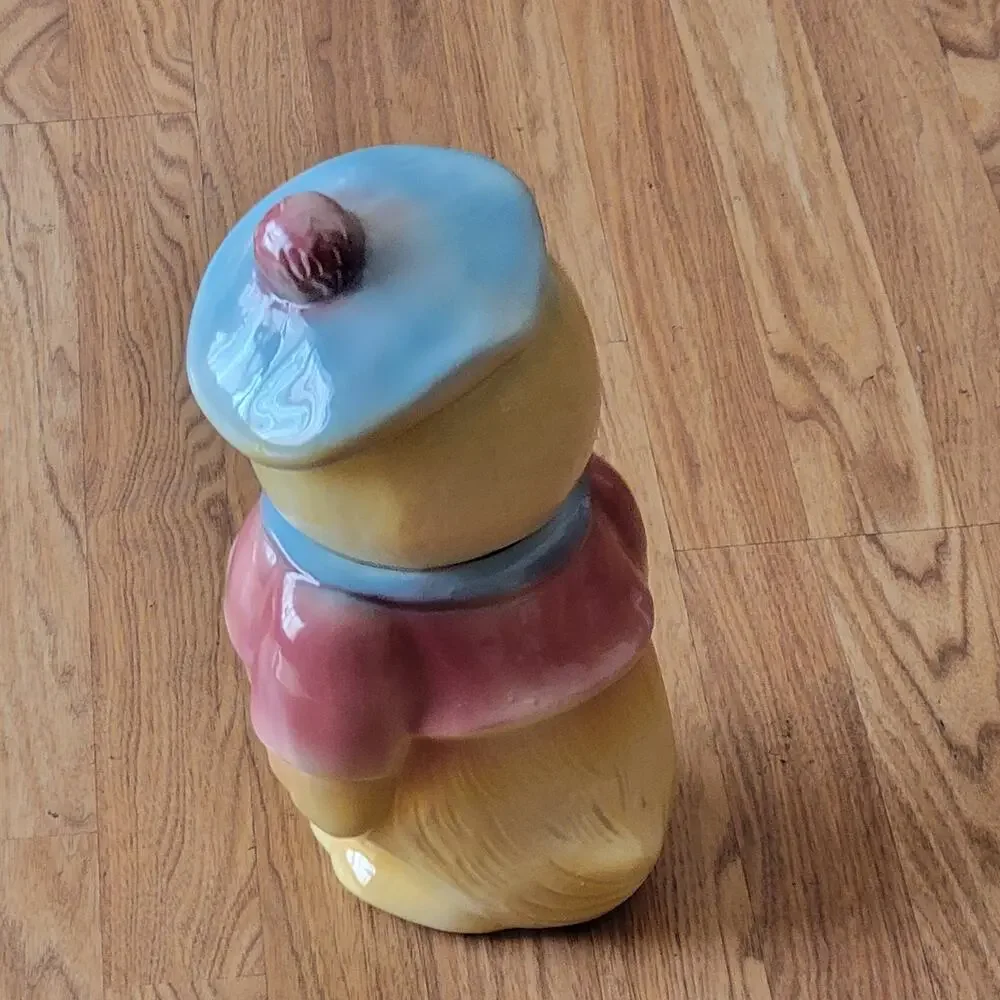 Vintage American Bisque Chick Cookie Jar MCM 1950s Chickadee Pink Jacket Kitsch